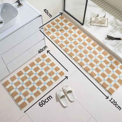 Beige Skyblue Plaid Bedroom Tufted Rug │ Chessboard Pattern Anti Slip Fluffy Bathroom Floor Mat - Besontique Home