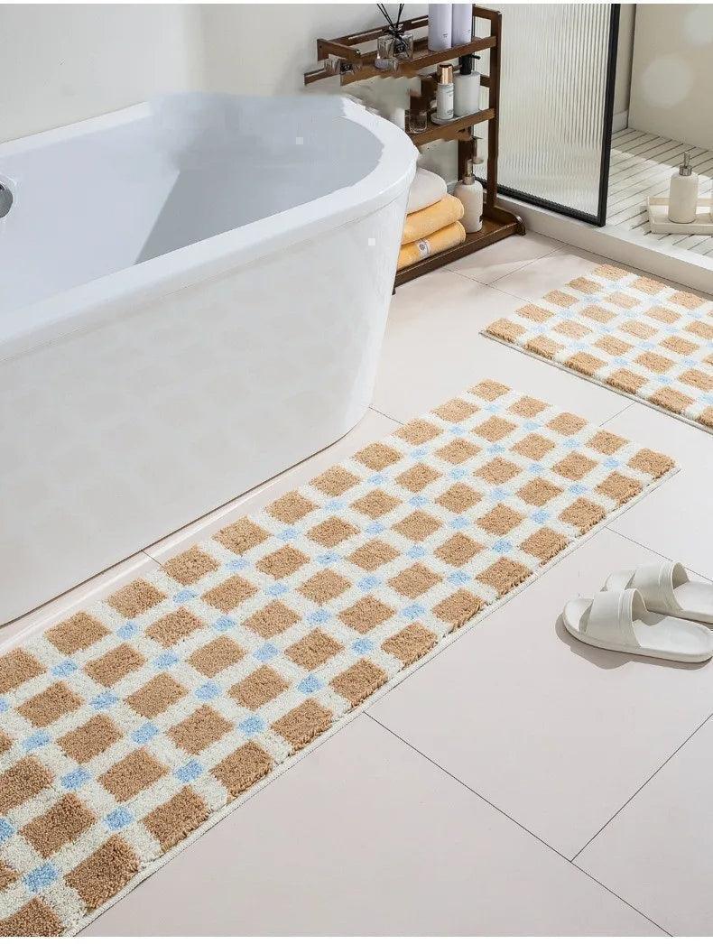 Beige Skyblue Plaid Bedroom Tufted Rug │ Chessboard Pattern Anti Slip Fluffy Bathroom Floor Mat - Besontique Home