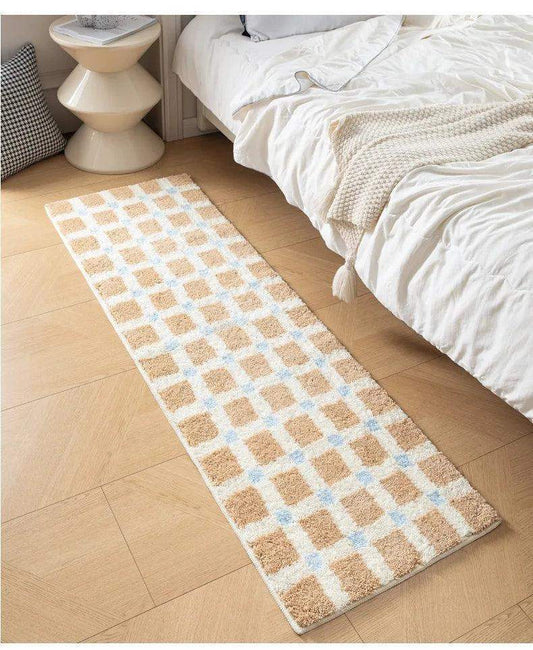 Beige Skyblue Plaid Bedroom Tufted Rug │ Chessboard Pattern Anti Slip Fluffy Bathroom Floor Mat - Besontique Home