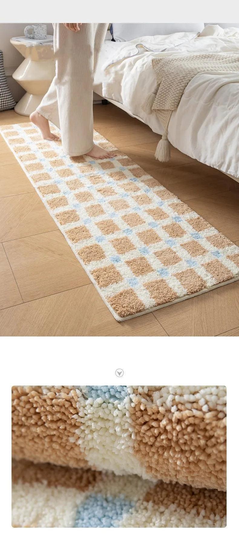Beige Skyblue Plaid Bedroom Tufted Rug │ Chessboard Pattern Anti Slip Fluffy Bathroom Floor Mat - Besontique Home