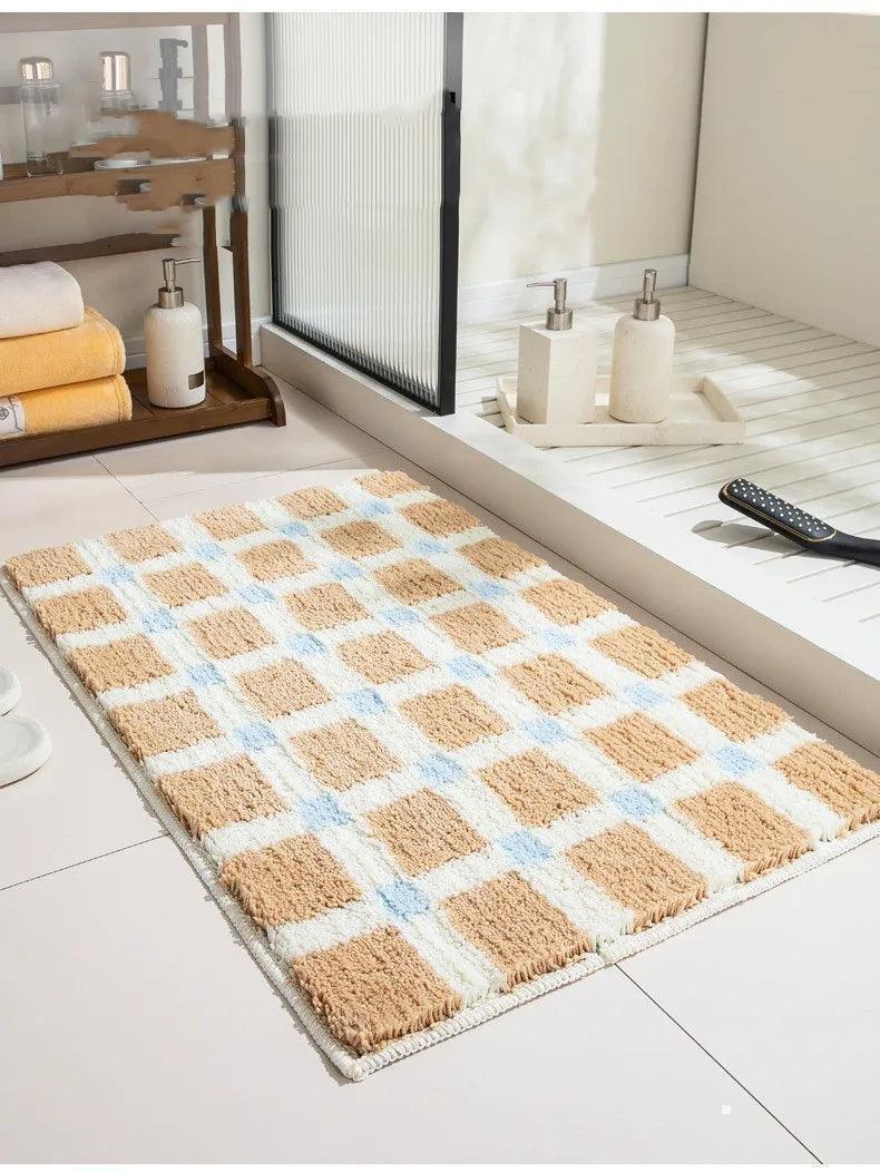 Beige Skyblue Plaid Bedroom Tufted Rug │ Chessboard Pattern Anti Slip Fluffy Bathroom Floor Mat - Besontique Home