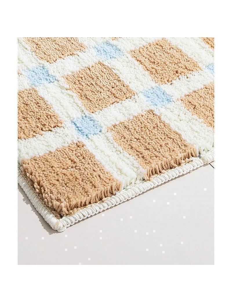 Beige Skyblue Plaid Bedroom Tufted Rug │ Chessboard Pattern Anti Slip Fluffy Bathroom Floor Mat - Besontique Home