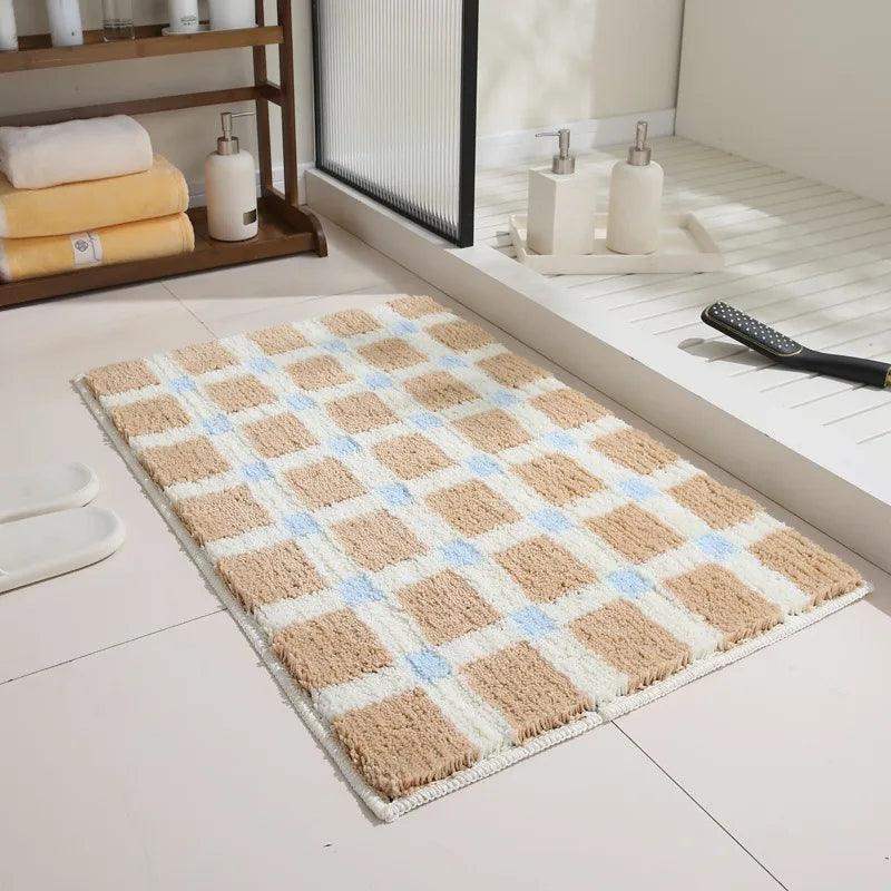Beige Skyblue Plaid Bedroom Tufted Rug │ Chessboard Pattern Anti Slip Fluffy Bathroom Floor Mat - Besontique Home