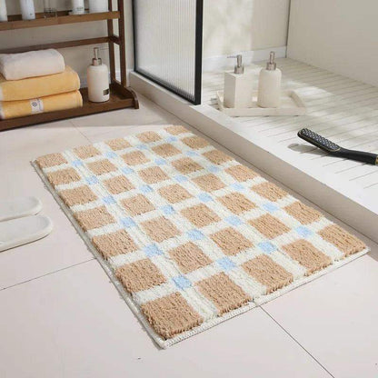Beige Skyblue Plaid Bedroom Tufted Rug │ Chessboard Pattern Anti Slip Fluffy Bathroom Floor Mat - Besontique Home