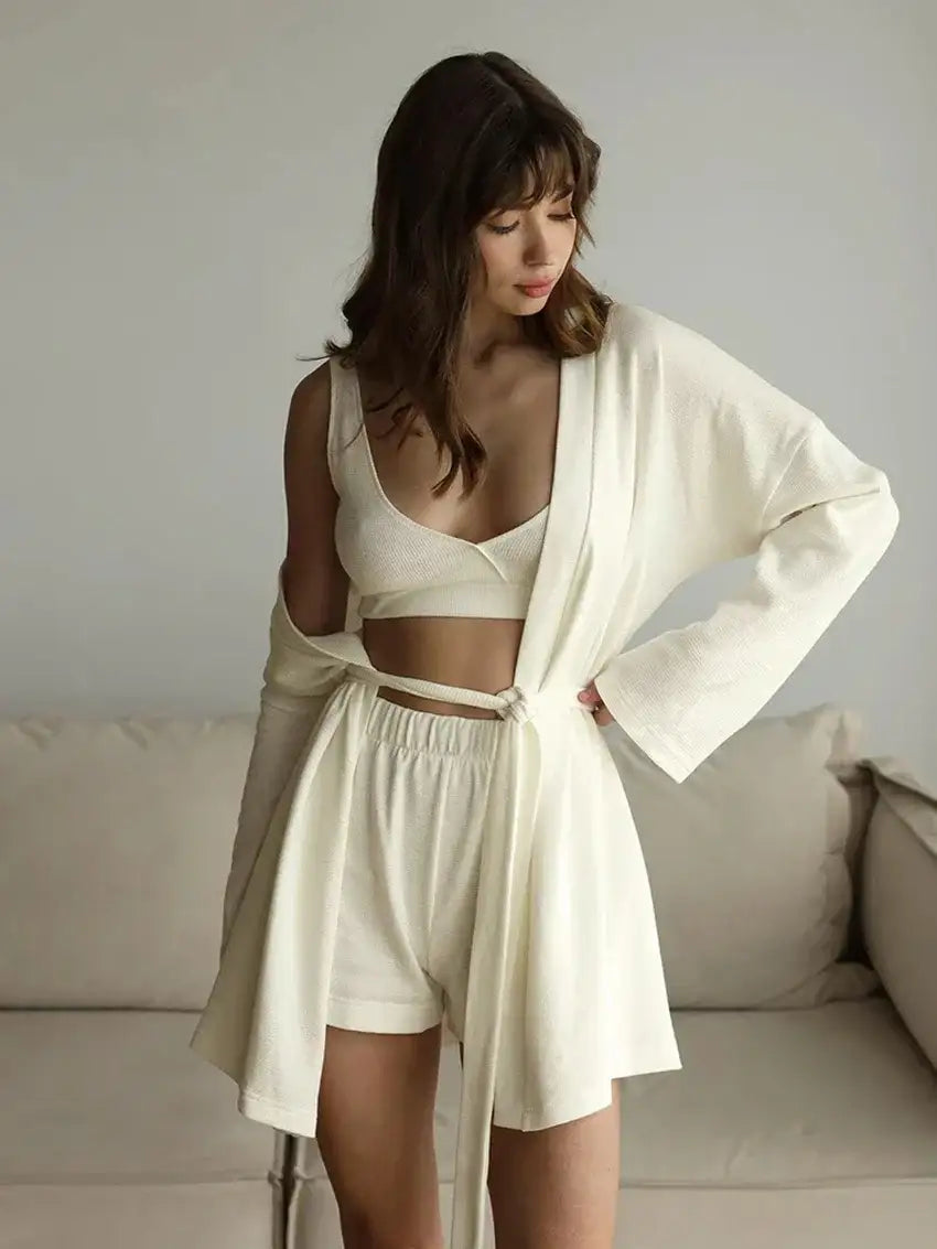 Beige Tank top V-Neck Lace Up Nightgown 3 Piece Set │ Homewear Pajamas Nightwear - Besontique Home