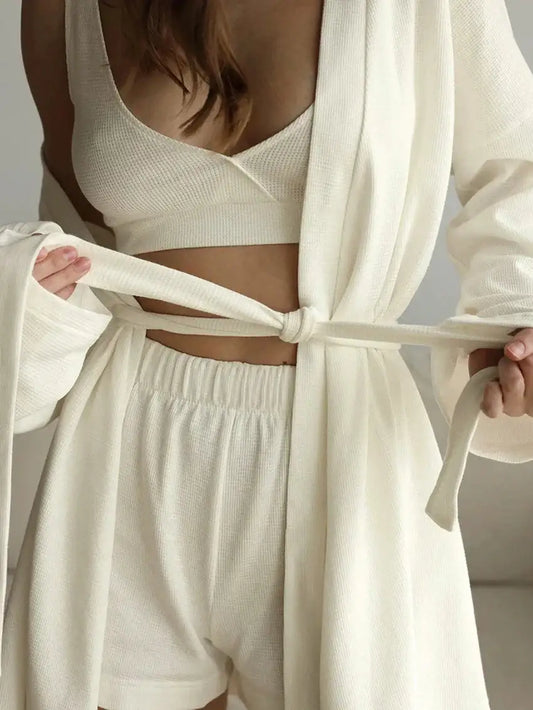 Beige Tank top V-Neck Lace Up Nightgown 3 Piece Set │ Homewear Pajamas Nightwear - Besontique Home