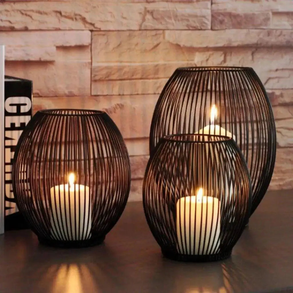 Black Hollow Metal Candle Holder │ Lantern Geometric Shape Candle Stand - Besontique Home
