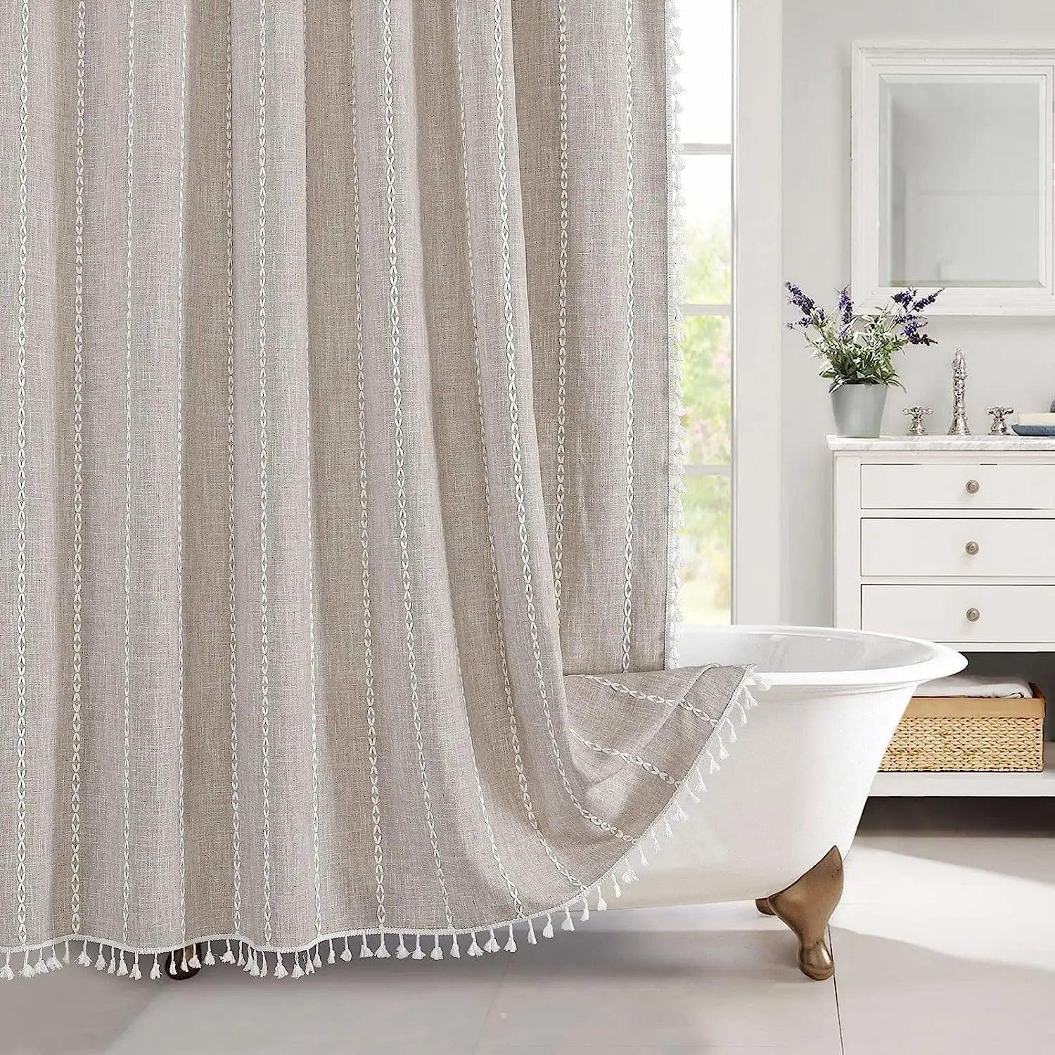Bohemian Heavy Linen Shower Curtain with Tassel (1 pcs) │ For Modern Style Bathroom Decor - Besontique Home