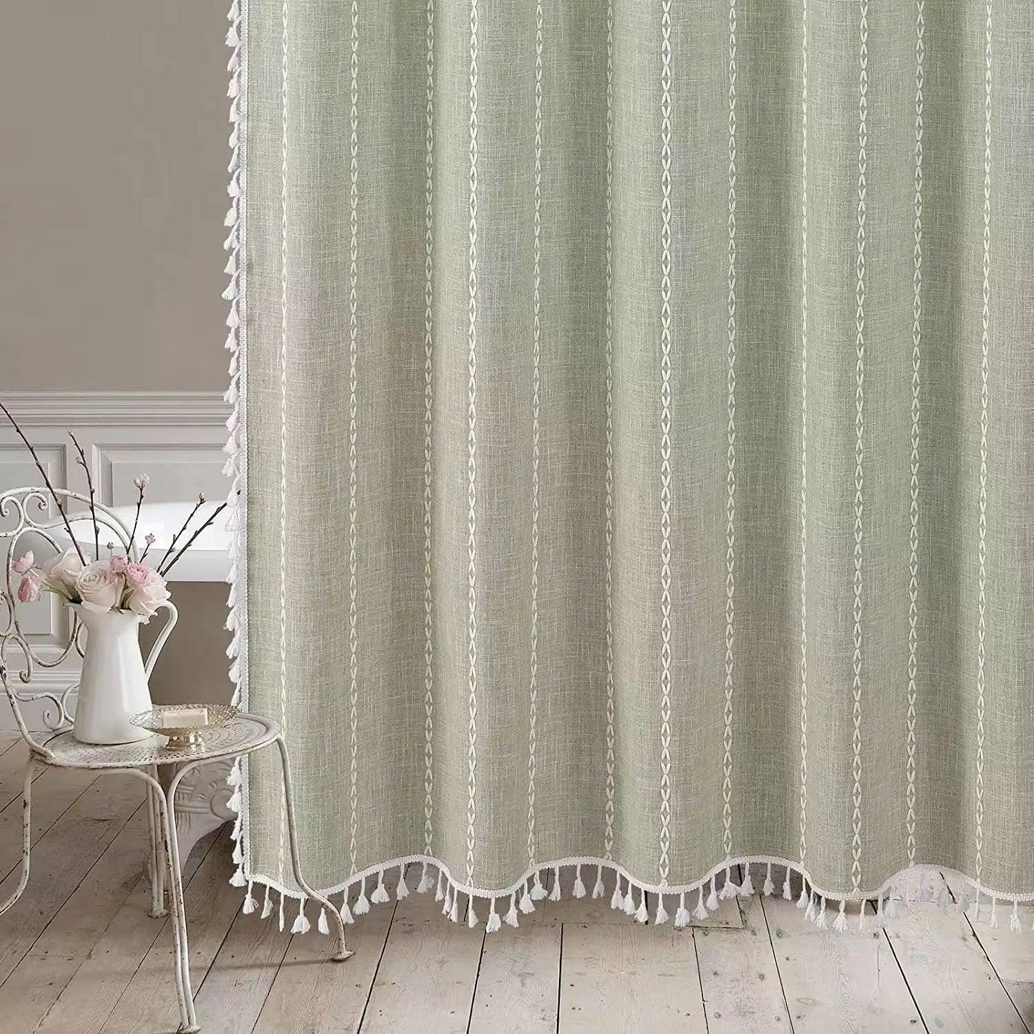 Bohemian Heavy Linen Shower Curtain with Tassel (1 pcs) │ For Modern Style Bathroom Decor - Besontique Home