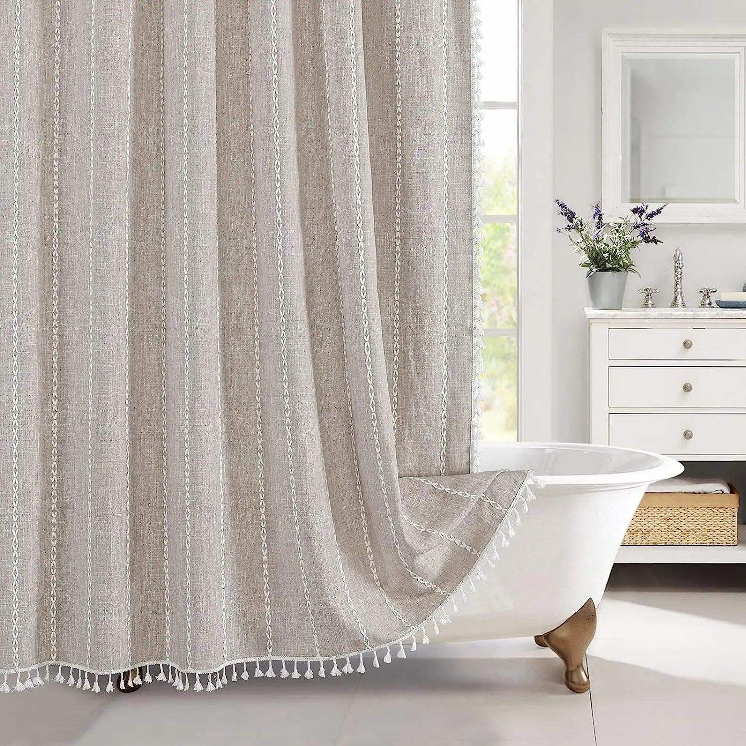 Bohemian Heavy Linen Shower Curtain with Tassel (1 pcs) │ For Modern Style Bathroom Decor - Besontique Home