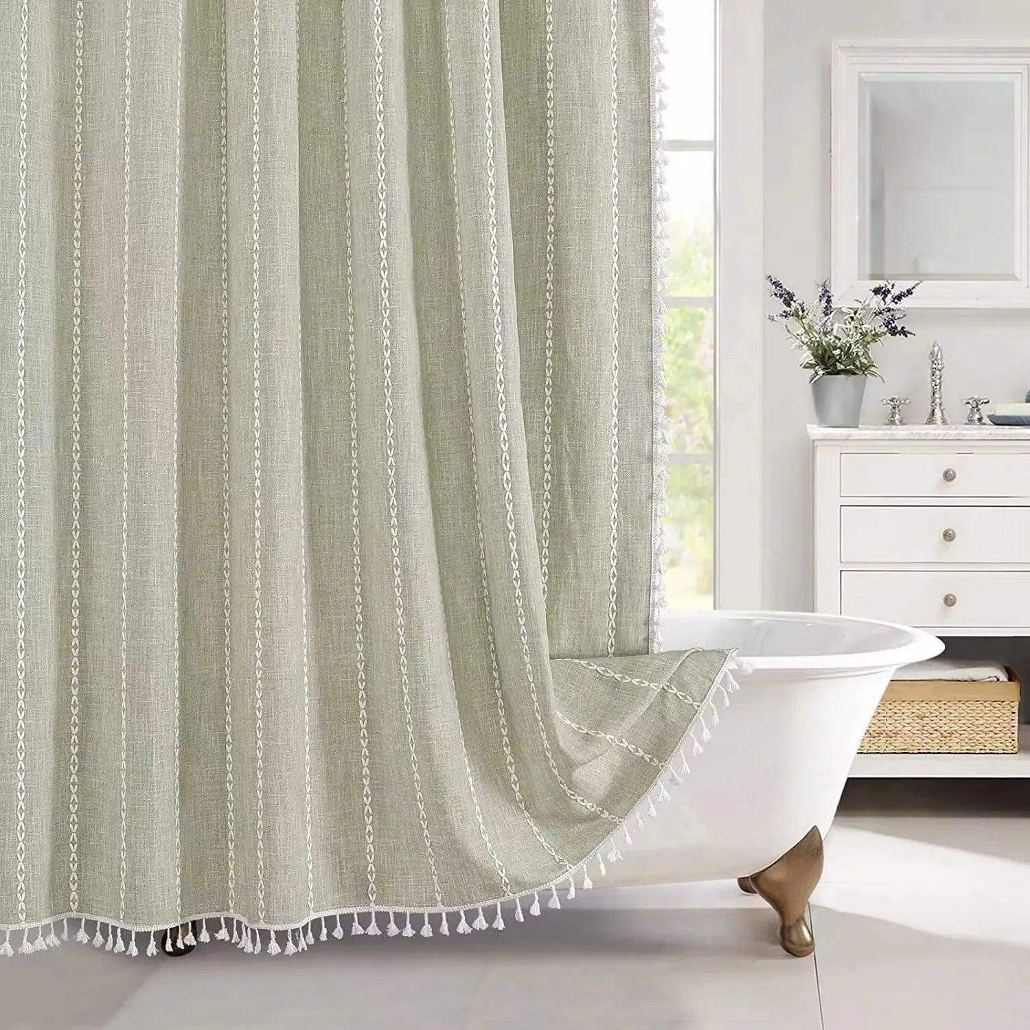Bohemian Heavy Linen Shower Curtain with Tassel (1 pcs) │ For Modern Style Bathroom Decor - Besontique Home