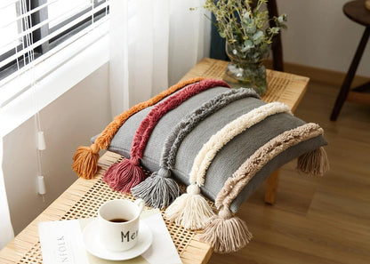 Bohemian Stripe Knitted Cushion Cover with Tassels │ Home Decor Tufted Throw Pillow Case - Besontique