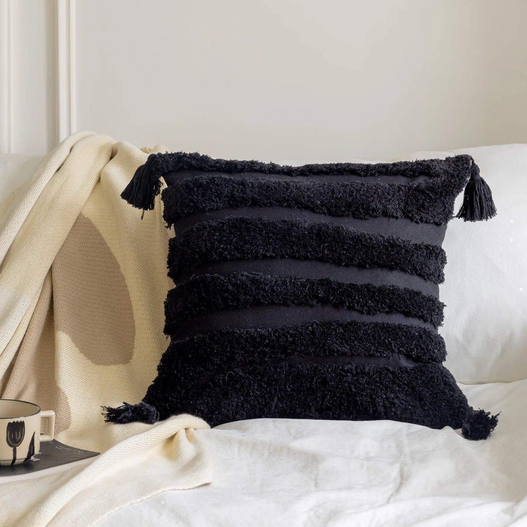 Boho Geometric Stripes Tufted Cushion Cover │ Beige Black Tassel Throw Pillow Covers Decorative Pillowcase │ For Bed Sofa Couch - Besontique Home