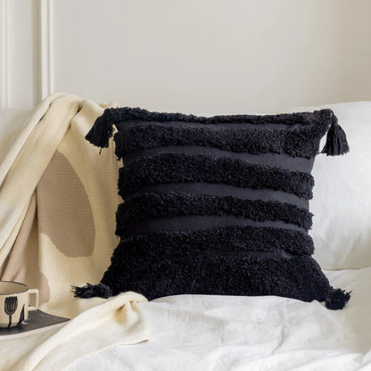 Boho Geometric Stripes Tufted Cushion Cover │ Beige Black Tassel Throw Pillow Covers Decorative Pillowcase │ For Bed Sofa Couch - Besontique Home