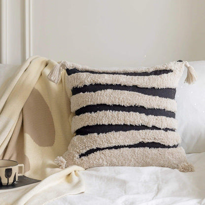 Boho Geometric Stripes Tufted Cushion Cover │ Beige Black Tassel Throw Pillow Covers Decorative Pillowcase │ For Bed Sofa Couch - Besontique Home