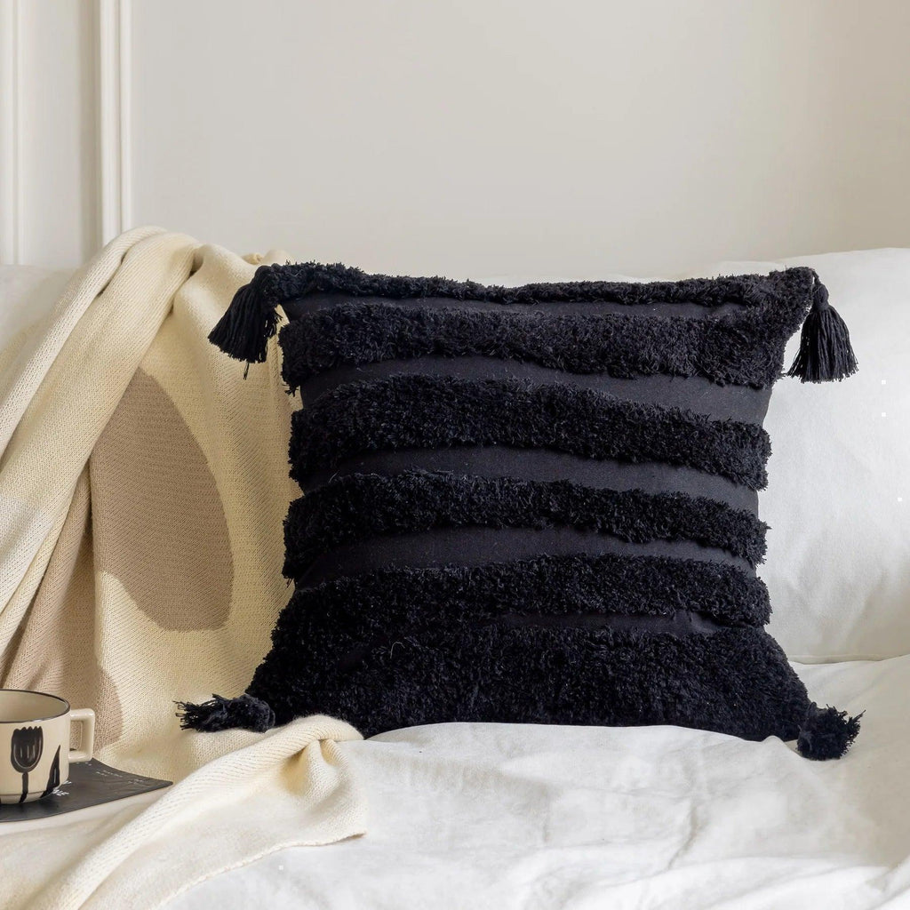 Boho Geometric Stripes Tufted Cushion Cover │ Beige Black Tassel Throw Pillow Covers Decorative Pillowcase │ For Bed Sofa Couch - Besontique Home