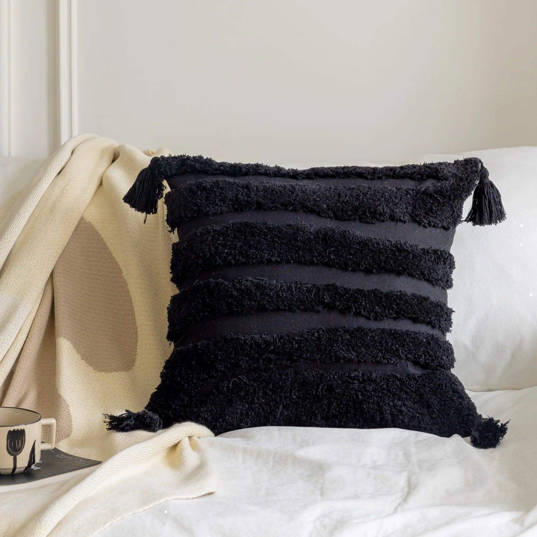 Boho Geometric Stripes Tufted Cushion Cover │ Beige Black Tassel Throw Pillow Covers Decorative Pillowcase │ For Bed Sofa Couch - Besontique Home
