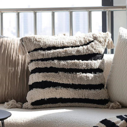 Boho Geometric Stripes Tufted Cushion Cover │ Beige Black Tassel Throw Pillow Covers Decorative Pillowcase │ For Bed Sofa Couch - Besontique Home