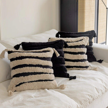 Boho Geometric Stripes Tufted Cushion Cover │ Beige Black Tassel Throw Pillow Covers Decorative Pillowcase │ For Bed Sofa Couch - Besontique Home