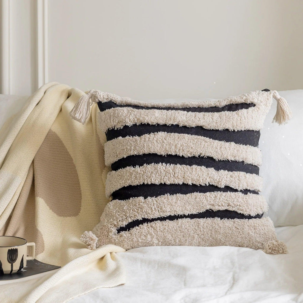 Boho Geometric Stripes Tufted Cushion Cover │ Beige Black Tassel Throw Pillow Covers Decorative Pillowcase │ For Bed Sofa Couch - Besontique Home