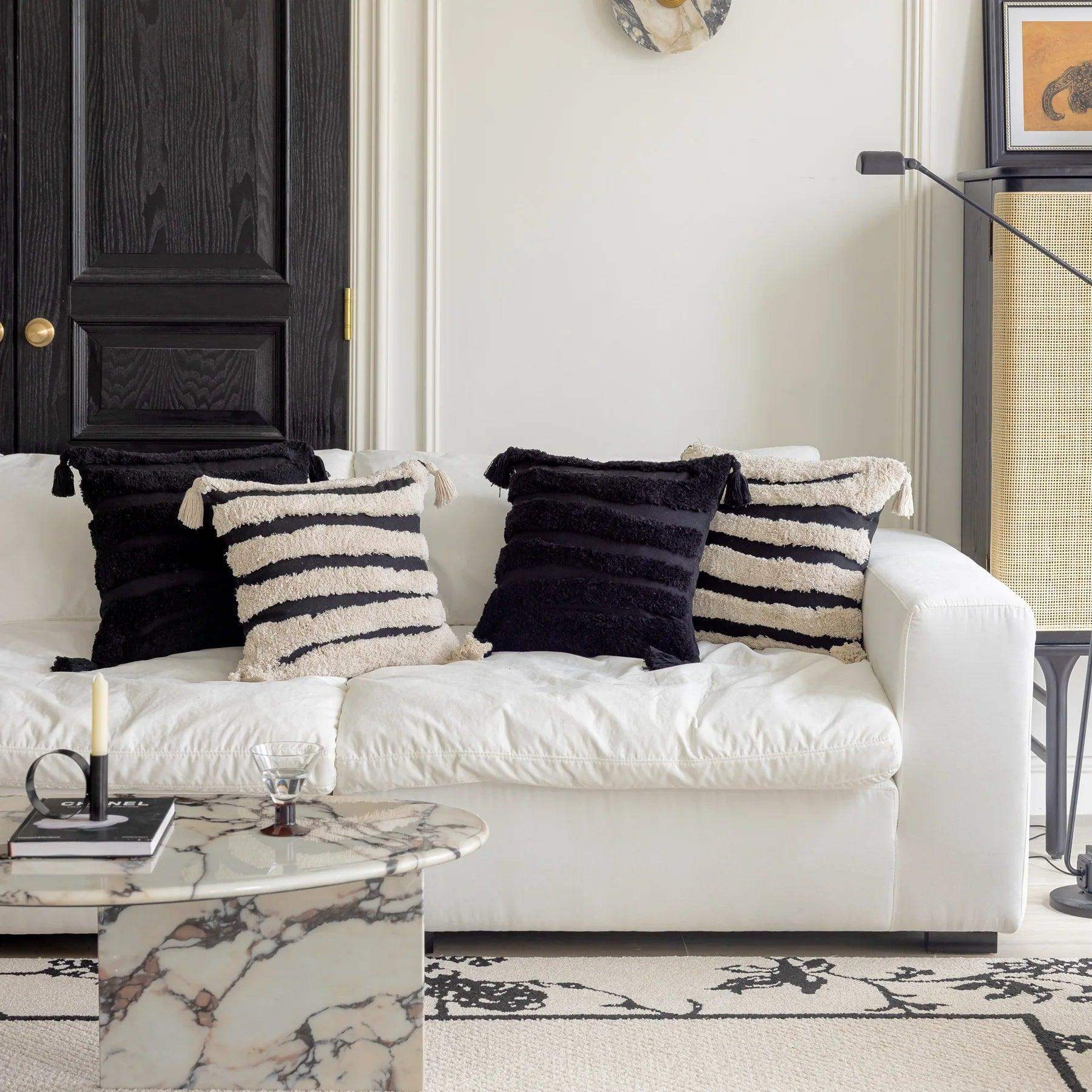 Boho Geometric Stripes Tufted Cushion Cover │ Beige Black Tassel Throw Pillow Covers Decorative Pillowcase │ For Bed Sofa Couch - Besontique Home