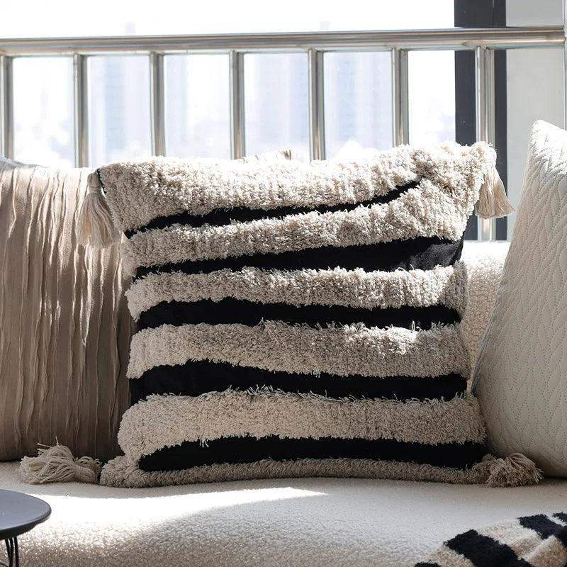 Boho Geometric Stripes Tufted Cushion Cover │ Beige Black Tassel Throw Pillow Covers Decorative Pillowcase │ For Bed Sofa Couch - Besontique Home