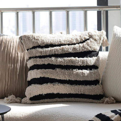 Boho Geometric Stripes Tufted Cushion Cover │ Beige Black Tassel Throw Pillow Covers Decorative Pillowcase │ For Bed Sofa Couch - Besontique Home