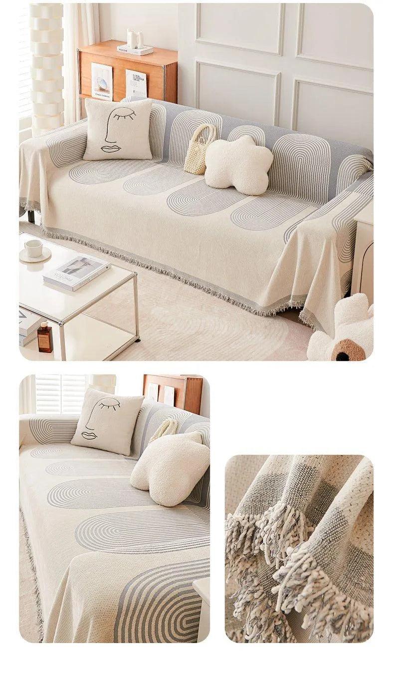Boho Pattern Nordic Throw Blanket with Tassel │ Cotton Reversible Anti-cat Scratch Protection Sofa Cover - Besontique Home