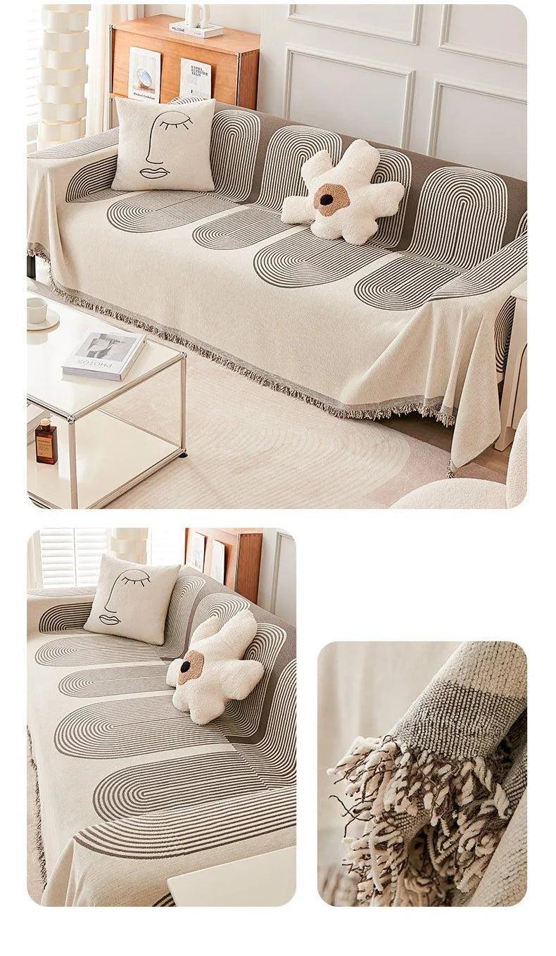 Boho Pattern Nordic Throw Blanket with Tassel │ Cotton Reversible Anti-cat Scratch Protection Sofa Cover - Besontique Home