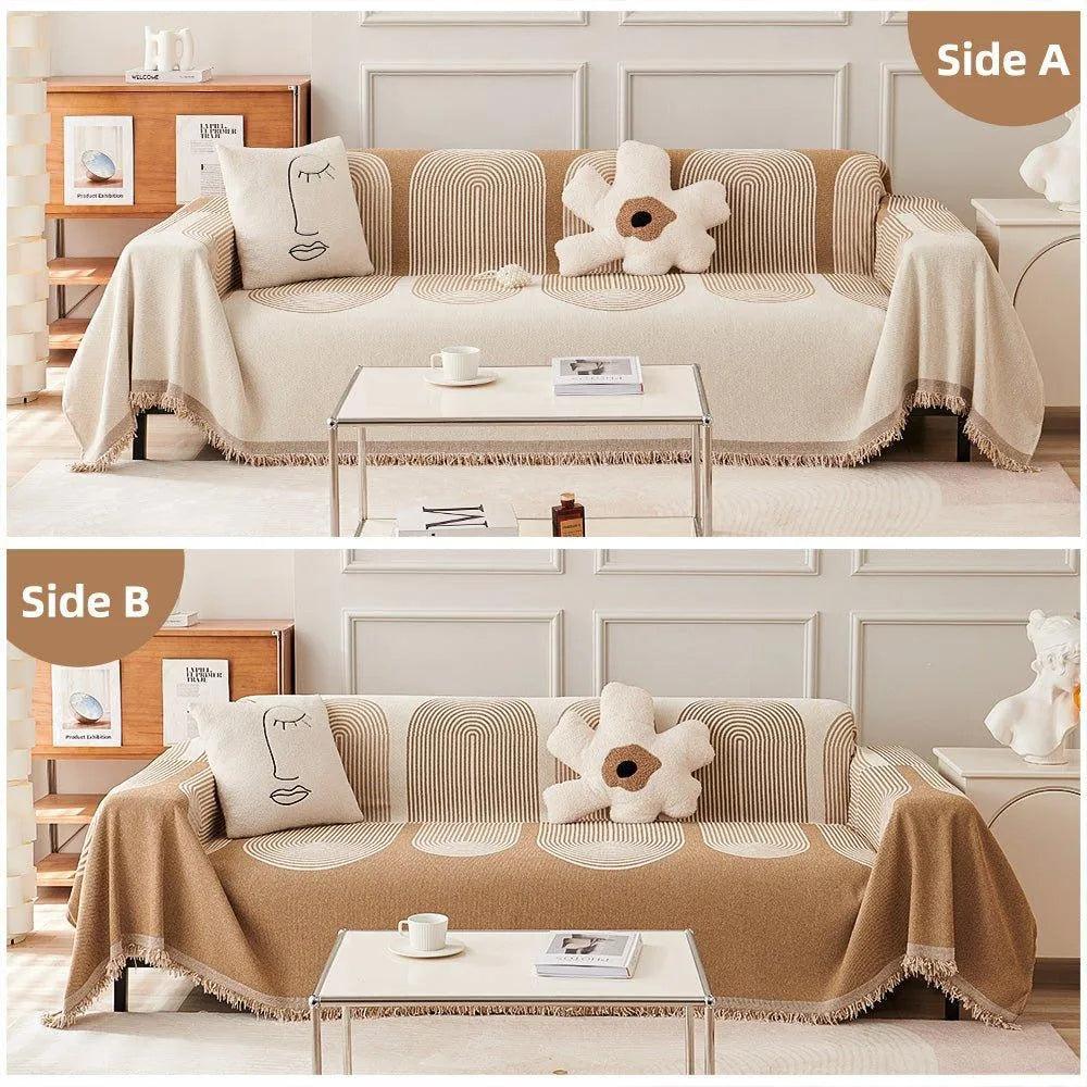 Boho Pattern Nordic Throw Blanket with Tassel │ Cotton Reversible Anti-cat Scratch Protection Sofa Cover - Besontique Home