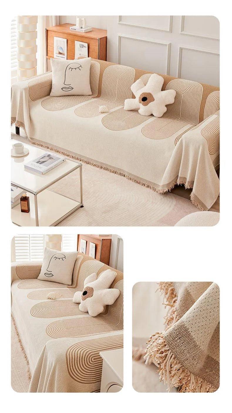 Boho Pattern Nordic Throw Blanket with Tassel │ Cotton Reversible Anti-cat Scratch Protection Sofa Cover - Besontique Home