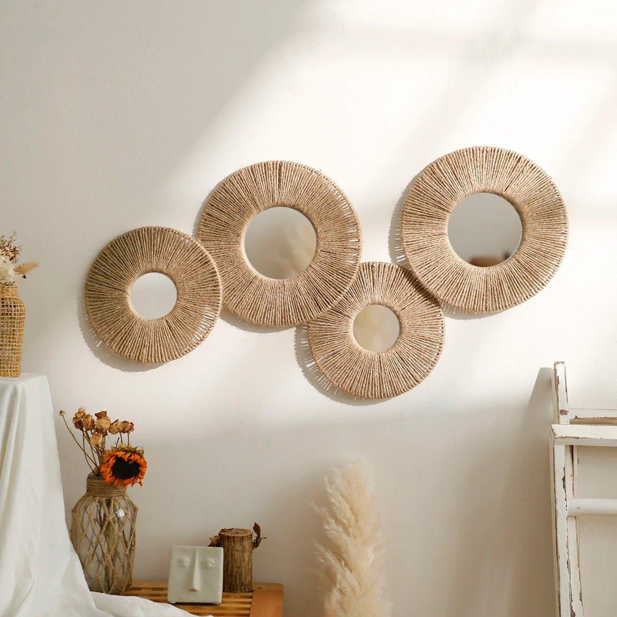 Boho Round Wall Hanging Decorative Mirrors with Woven Hemp Rope - Besontique