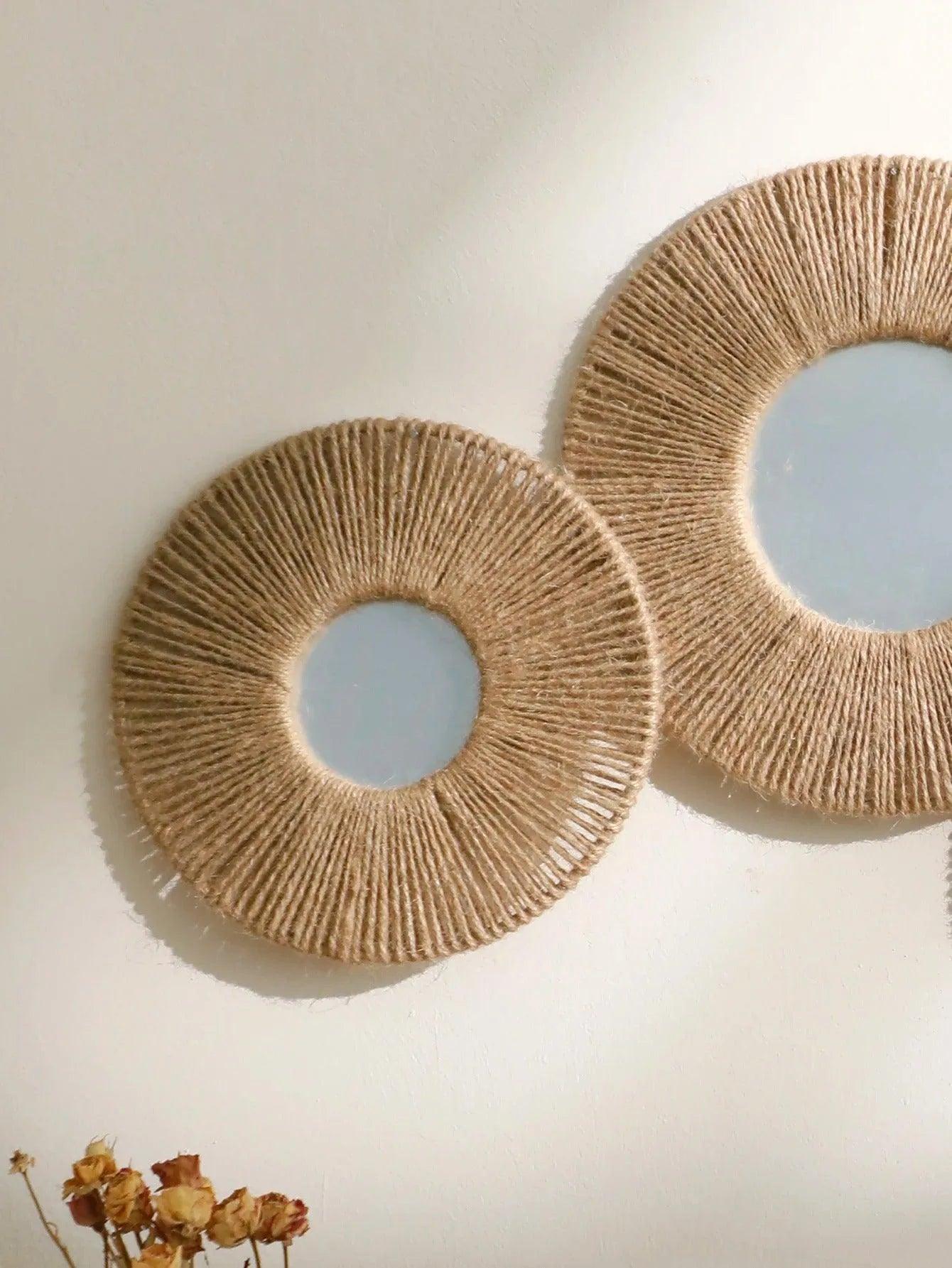 Boho Round Wall Hanging Decorative Mirrors with Woven Hemp Rope - Besontique Home