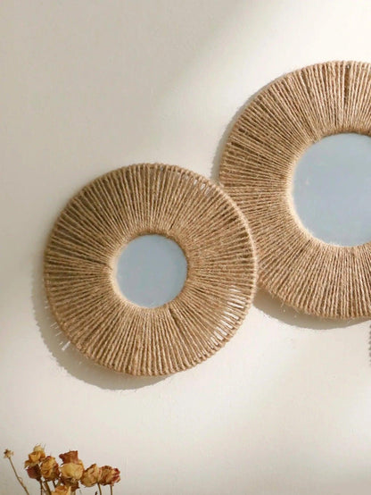 Boho Round Wall Hanging Decorative Mirrors with Woven Hemp Rope - Besontique Home