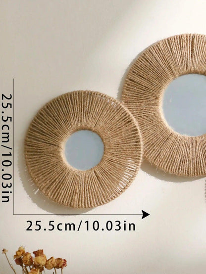 Boho Round Wall Hanging Decorative Mirrors with Woven Hemp Rope - Besontique Home