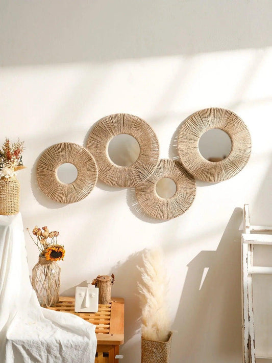 Boho Round Wall Hanging Decorative Mirrors with Woven Hemp Rope - Besontique Home