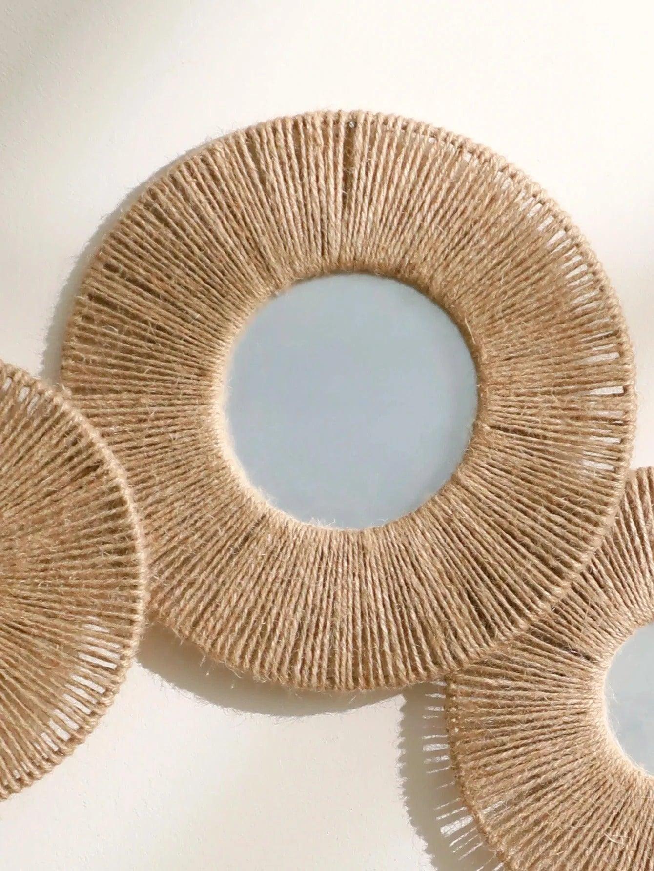 Boho Round Wall Hanging Decorative Mirrors with Woven Hemp Rope - Besontique Home