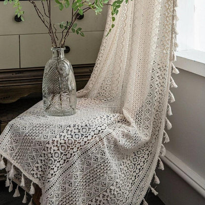 Boho Style Translucent Curtain │ Beige Woven Geometric Crochet Curtains - Besontique