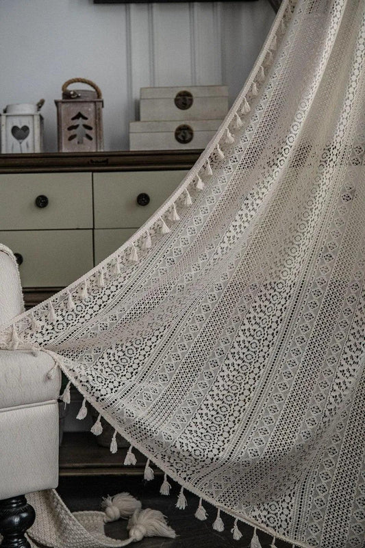 Boho Style Translucent Curtain │ Beige Woven Geometric Crochet Curtains - Besontique Home