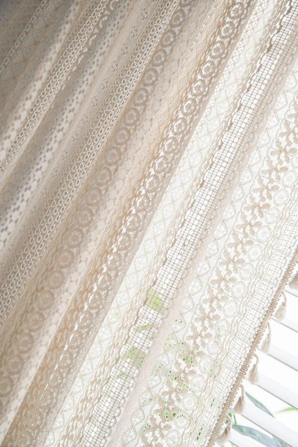 Boho Style Translucent Curtain │ Beige Woven Geometric Crochet Curtains - Besontique Home