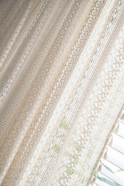 Boho Style Translucent Curtain │ Beige Woven Geometric Crochet Curtains - Besontique Home