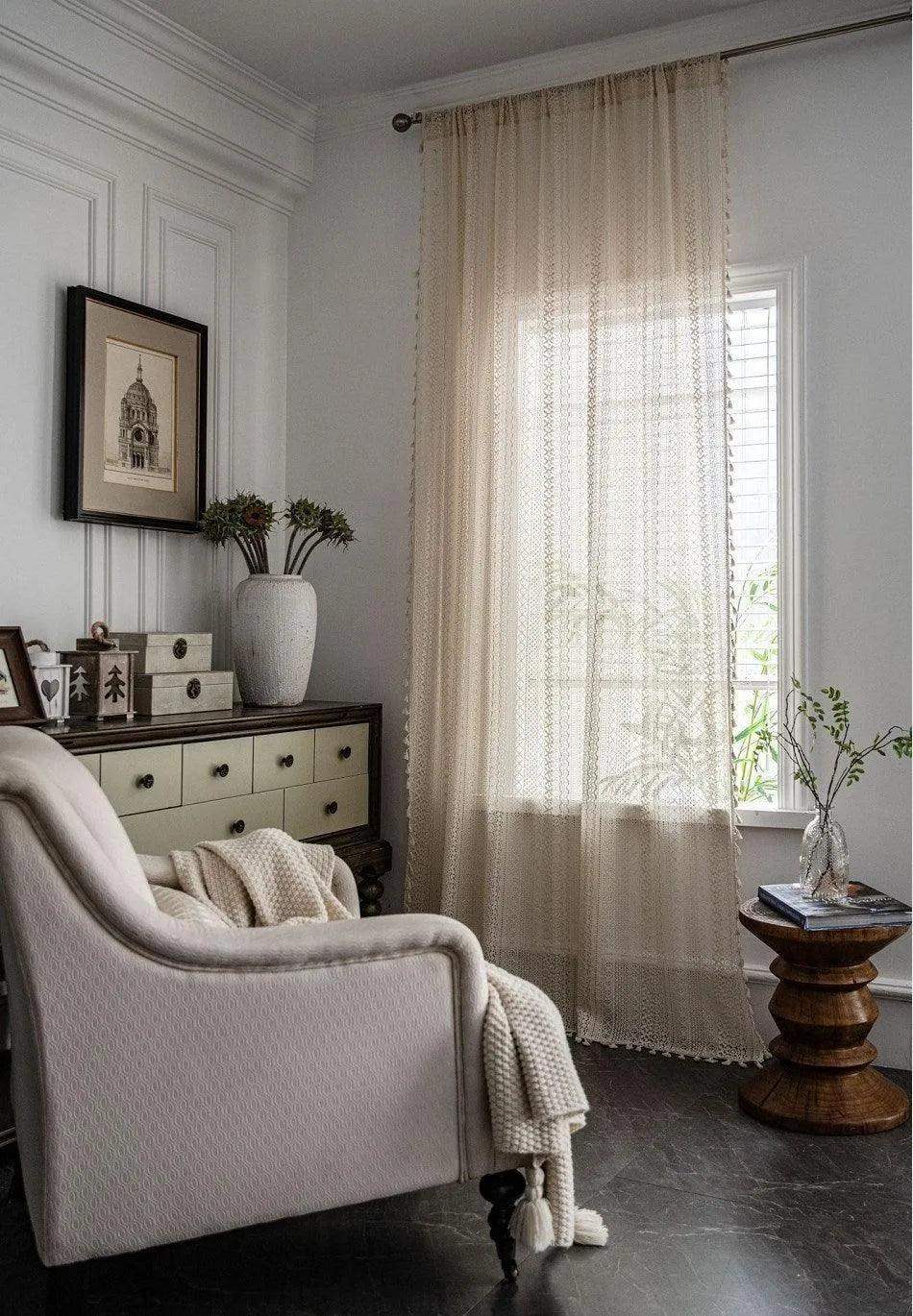 Boho Style Translucent Curtain │ Beige Woven Geometric Crochet Curtains - Besontique Home