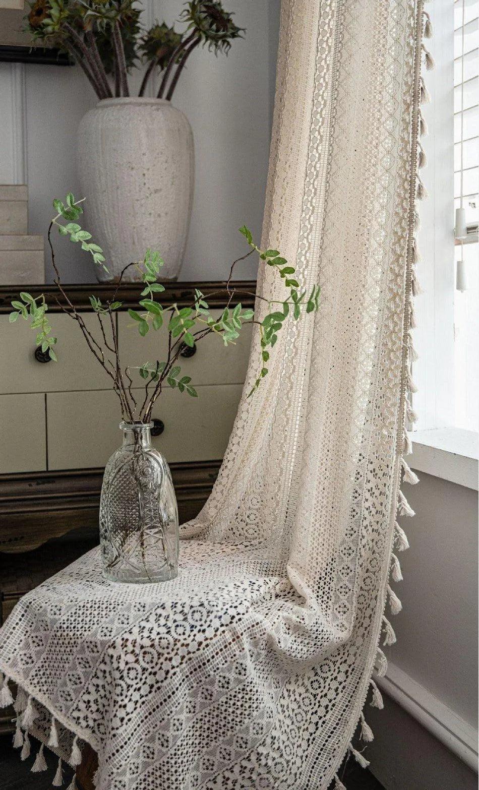 Boho Style Translucent Curtain │ Beige Woven Geometric Crochet Curtains - Besontique Home