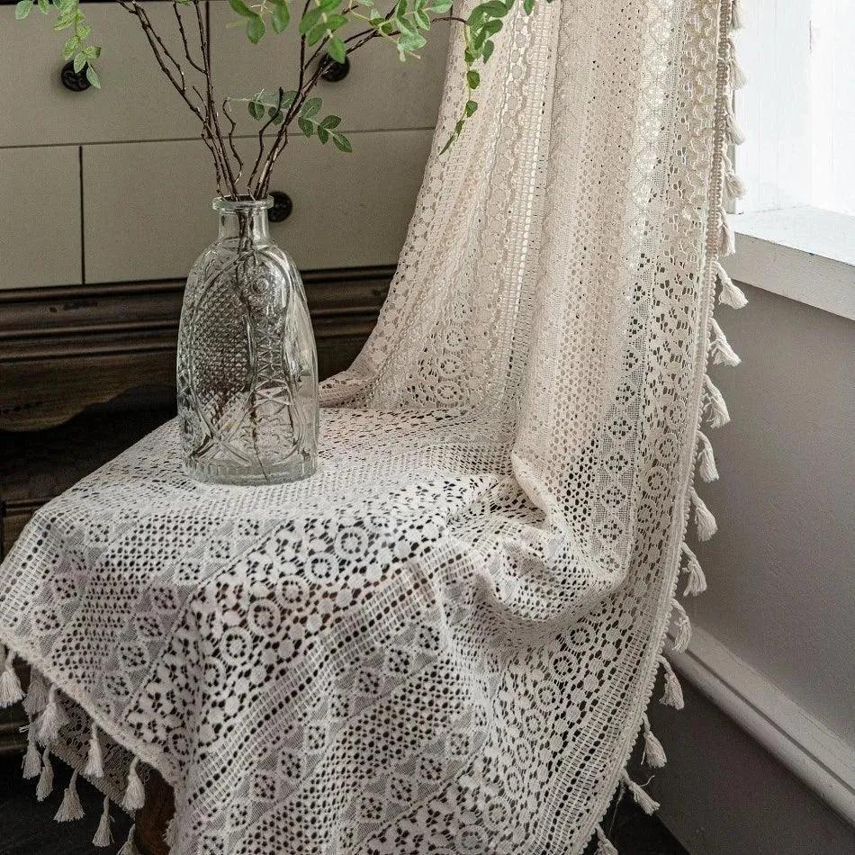 Boho Style Translucent Curtain │ Beige Woven Geometric Crochet Curtains - Besontique Home