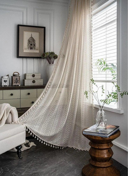 Boho Style Translucent Curtain │ Beige Woven Geometric Crochet Curtains - Besontique Home