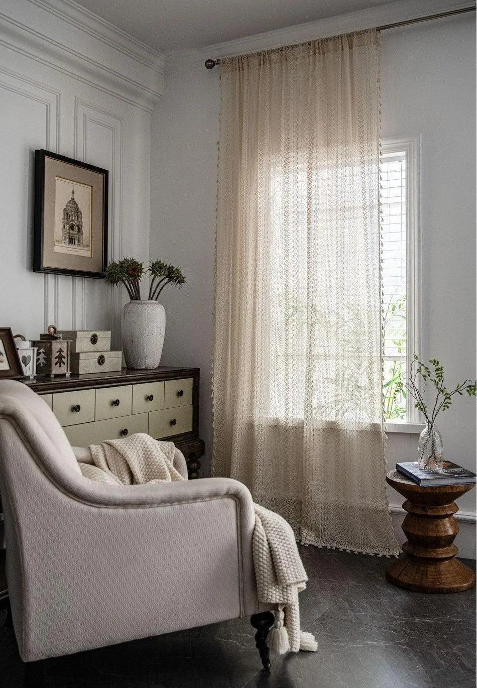 Boho Style Translucent Curtain │ Beige Woven Geometric Crochet Curtains - Besontique Home