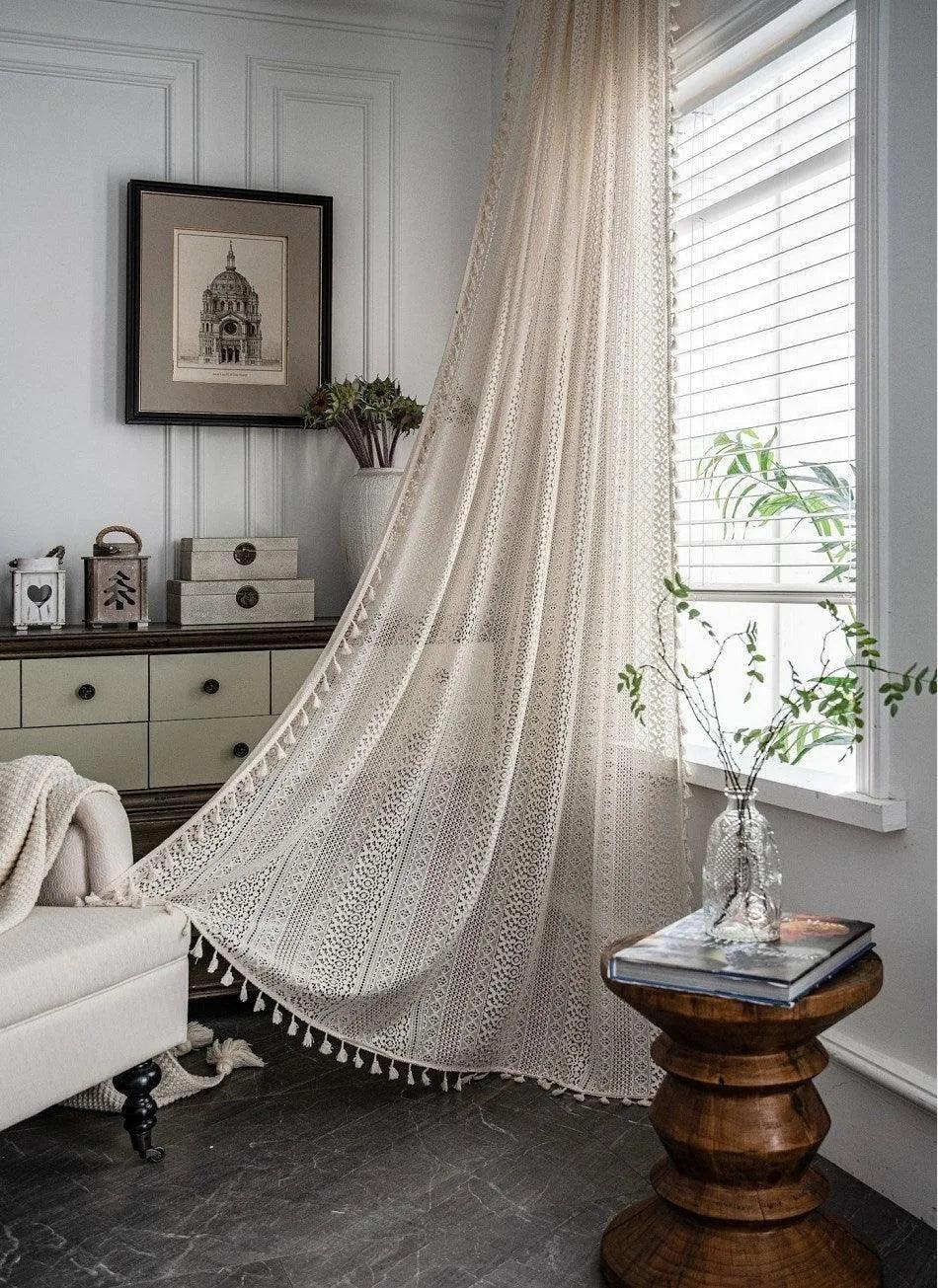 Boho Style Translucent Curtain │ Beige Woven Geometric Crochet Curtains - Besontique Home
