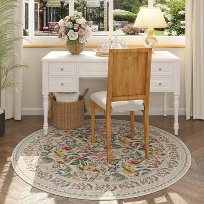 Boho Vintage Floral Round Rug | Non-Slip Decorative Floor Mat Carpet - Besontique Home