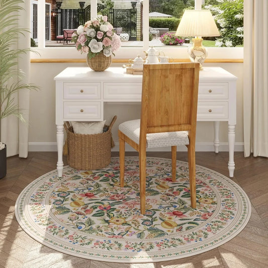 Boho Vintage Floral Round Rug | Non-Slip Decorative Floor Mat Carpet - Besontique Home