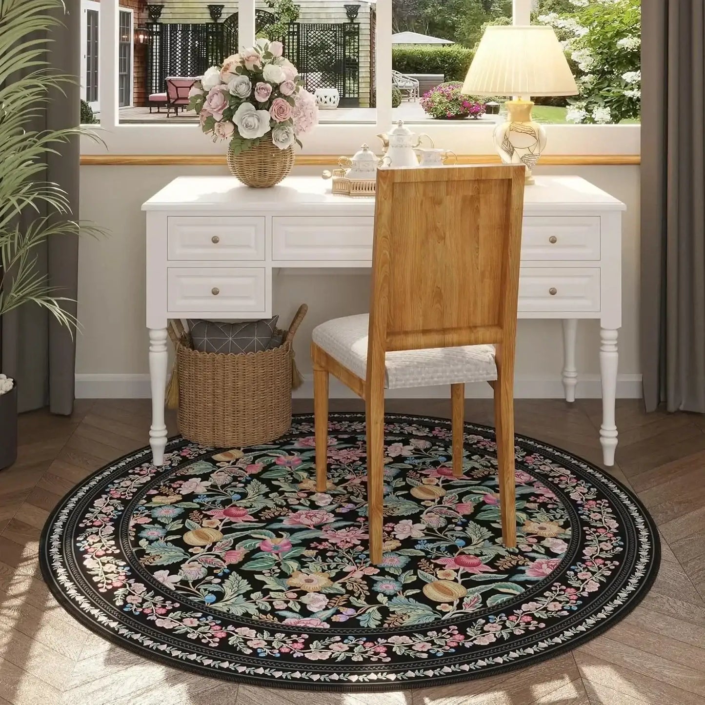 Boho Vintage Floral Round Rug | Non-Slip Decorative Floor Mat Carpet - Besontique Home